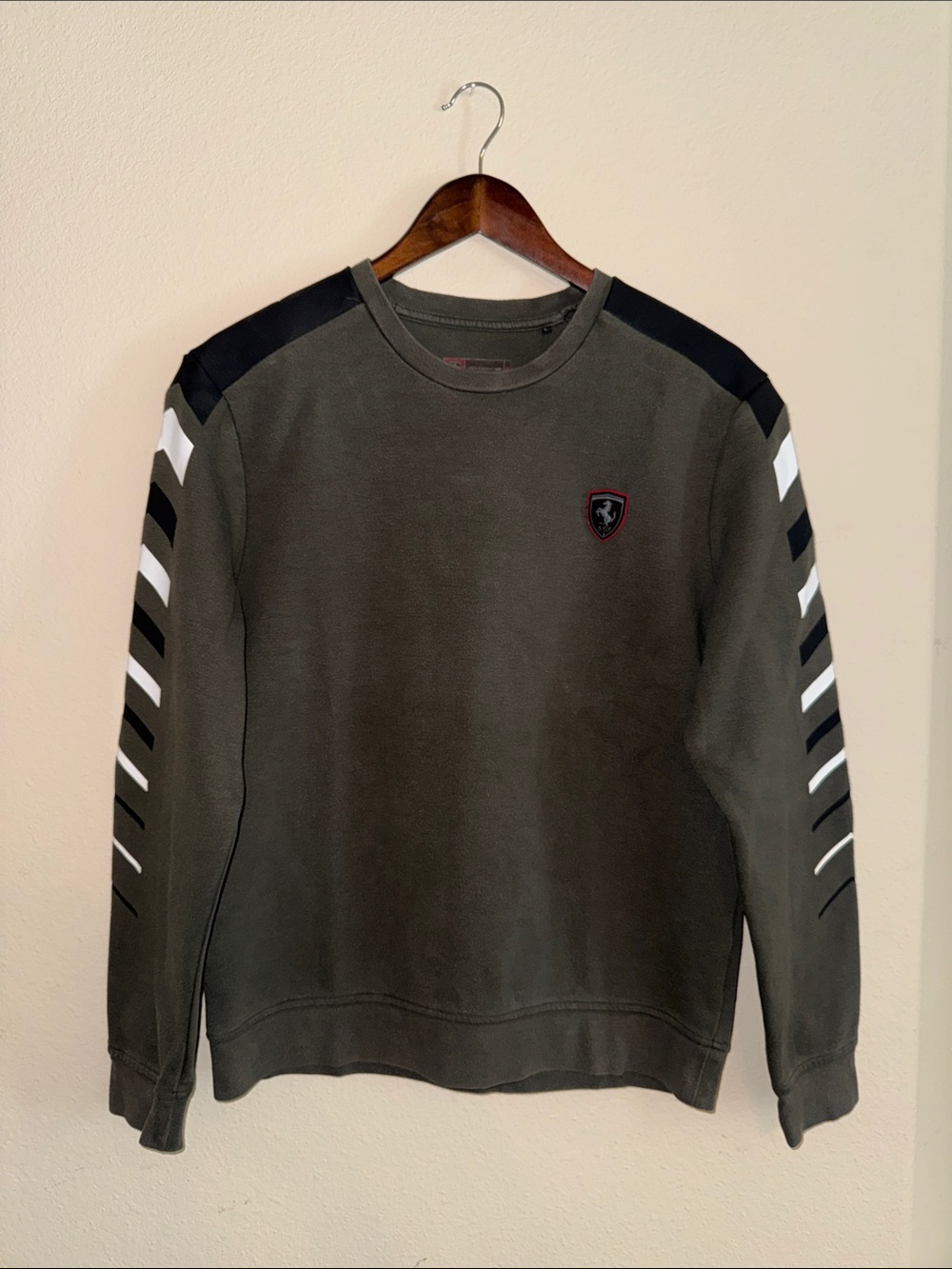 Men's Ferrari Olive Green Crewneck Sweater with Accent Stripes
